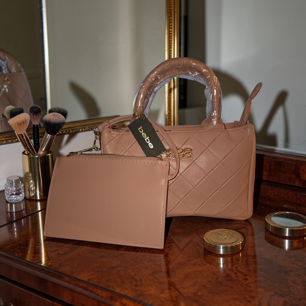 bebe Quilted Satchel with Matching Pouch in Baby Pink